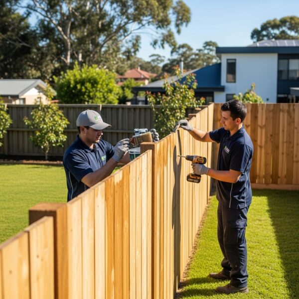 “Two Jax Fenceflow crew members applying weatherproof sealant and reinforcing a wooden fence in a sunny backyard, showing professional fence maintenance and durability.”
