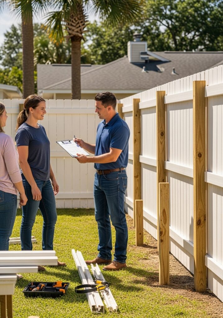 “Jacksonville homeowner reviewing a cost estimate with a fence contractor beside a partially installed privacy fence, with tools and materials arranged in a sunny backyard setting.”