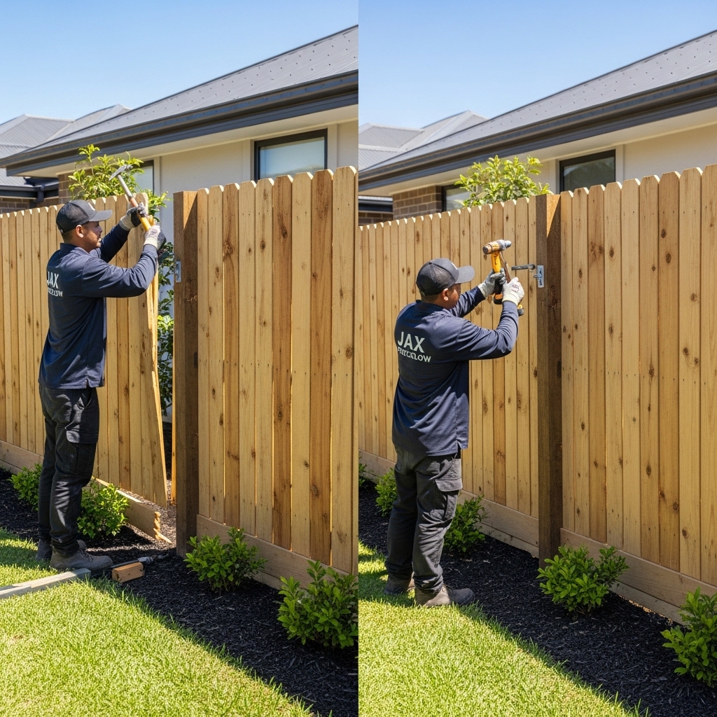 “Jax Fenceflow crew repairing a broken wooden fence, replacing damaged panels and securing posts in a realistic suburban backyard setting.”