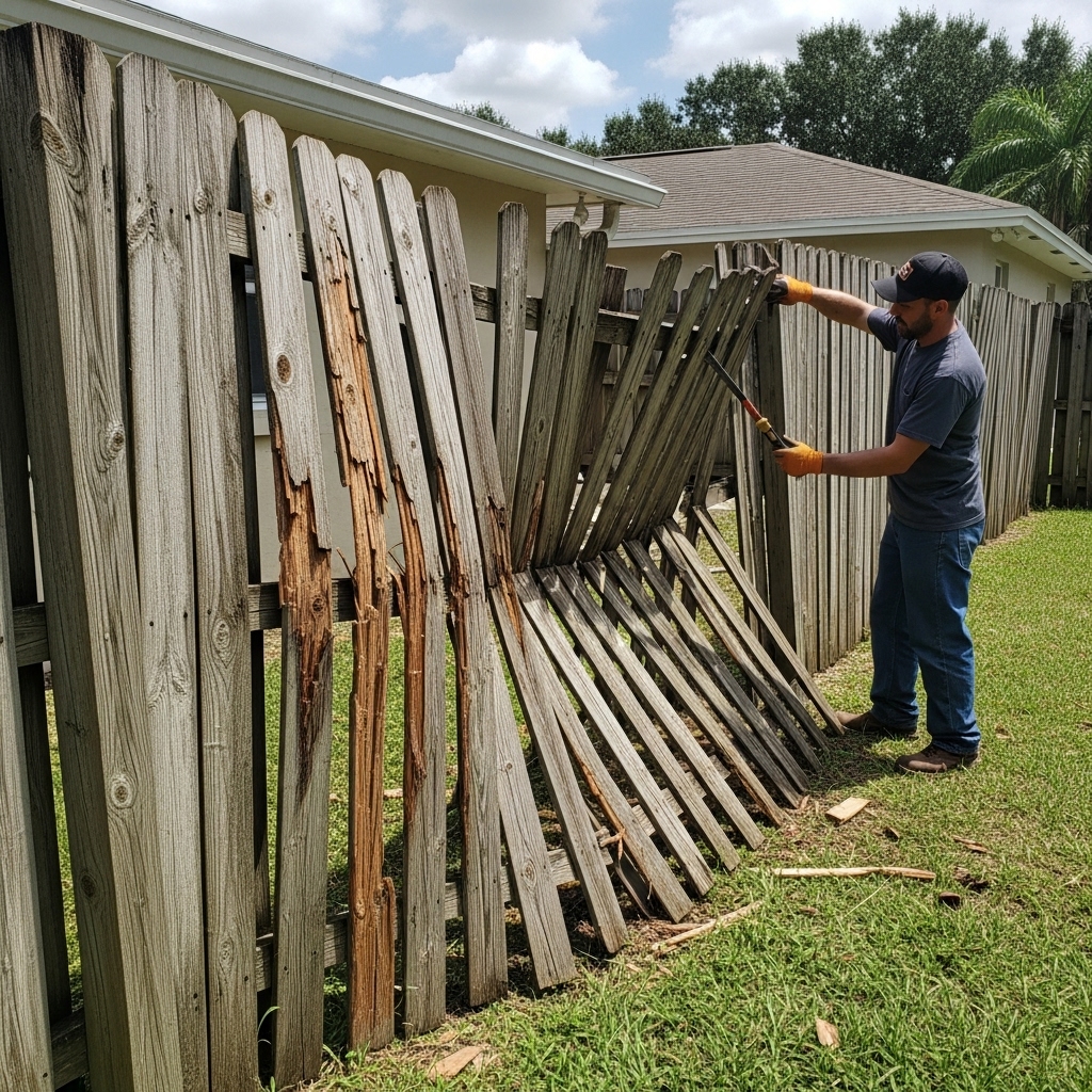 “Damaged wooden fence with visible rot, warping, and leaning as a repair technician inspects the structure in a residential backyard.”