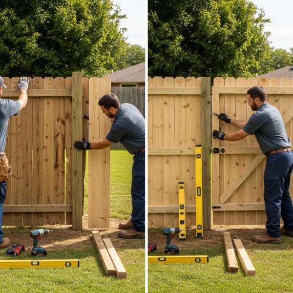 “Fence technicians performing post replacement, gate repair, and panel replacement in a residential backyard, showing damaged sections beside newly installed wood for a realistic before-and-after look.”