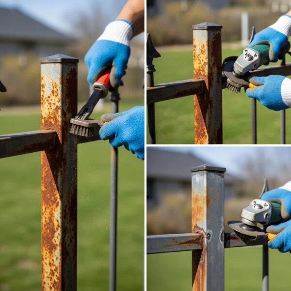 “Technician removing rust and repairing a metal fence, showing a clear before-and-after contrast with realistic detail.”