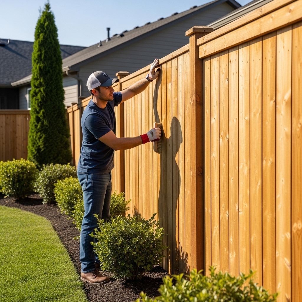 “Professional performing wood fence maintenance in a suburban backyard, inspecting and cleaning the wooden boards with realistic detail.”