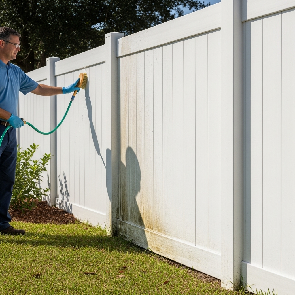 “Technician cleaning a white vinyl fence in a sunny backyard, showing routine vinyl fence maintenance with a visible before-and-after clean section.”