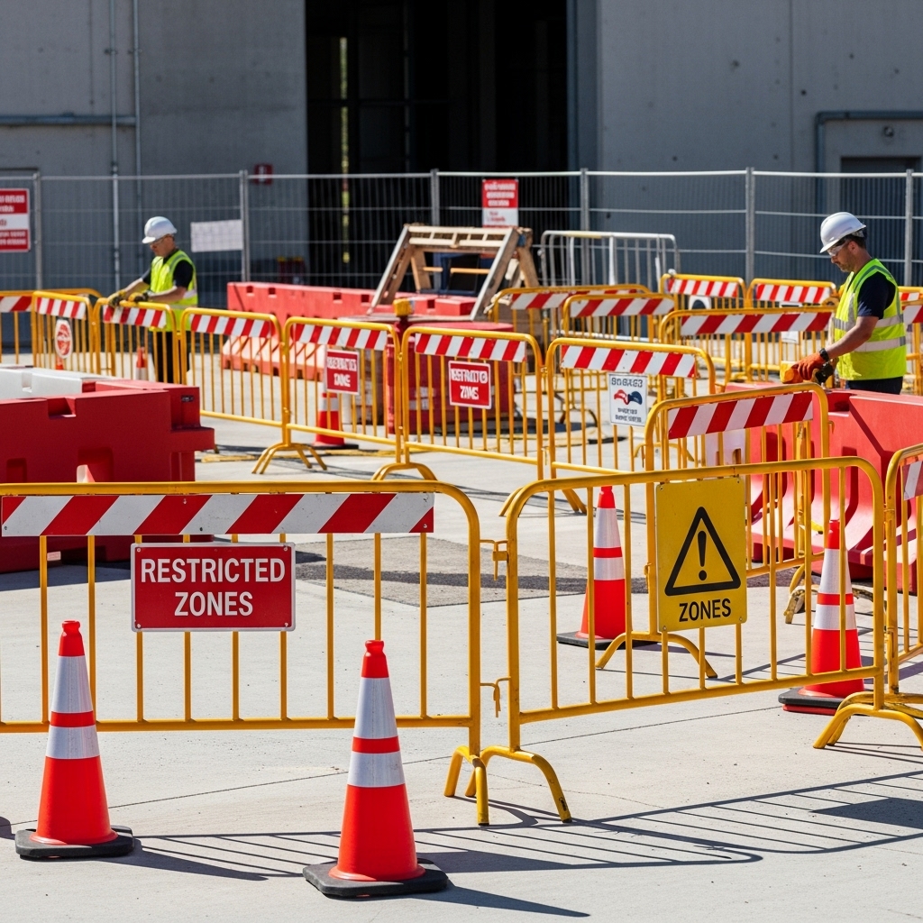 “Bright safety and hazard barriers with warning signs around an active work area, with workers in safety vests and hard hats, showing a safe and organized setup.”