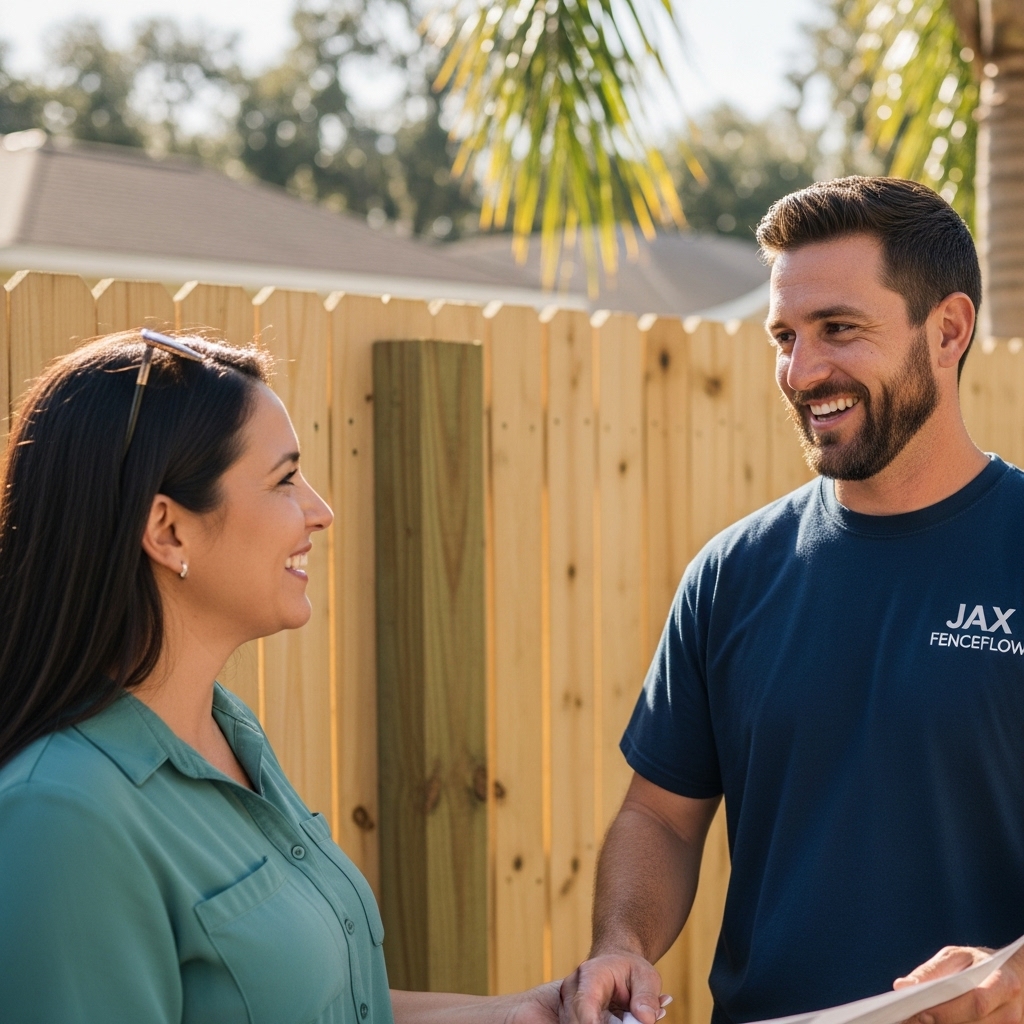 Jax FenceFlow contractor talking with a homeowner beside a new wooden fence in Jacksonville, FL, showing friendly local service and trust