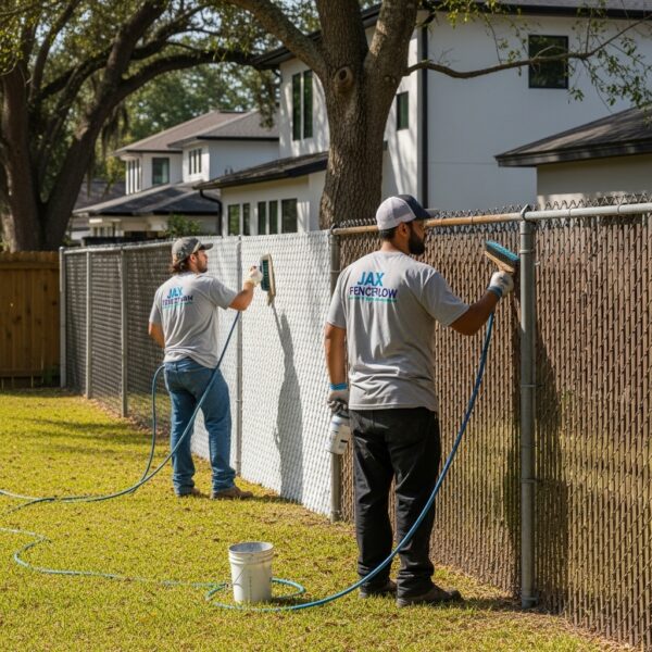 “Two Jax Fenceflow crew members in uniforms maintaining a chain link and aluminum fence in a sunny Jacksonville backyard, showing before-and-after improvements.”