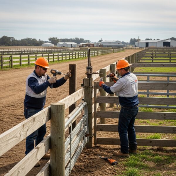 “Two professional workers repairing a farm and commercial fence on a rural property, replacing damaged wooden and metal panels with tools, showing before-and-after sections.”