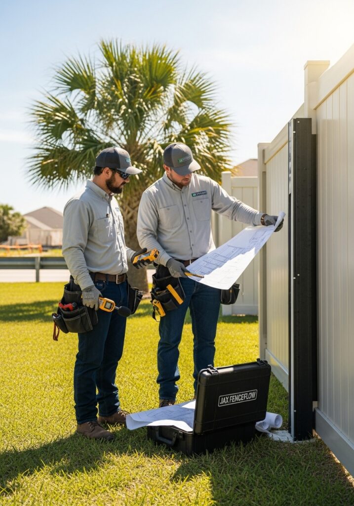 “Two Jax Fenceflow technicians in uniform assessing a Jacksonville property for a sound barrier fence installation, using measurement tools and plans near nearby noise sources to determine the best layout.”