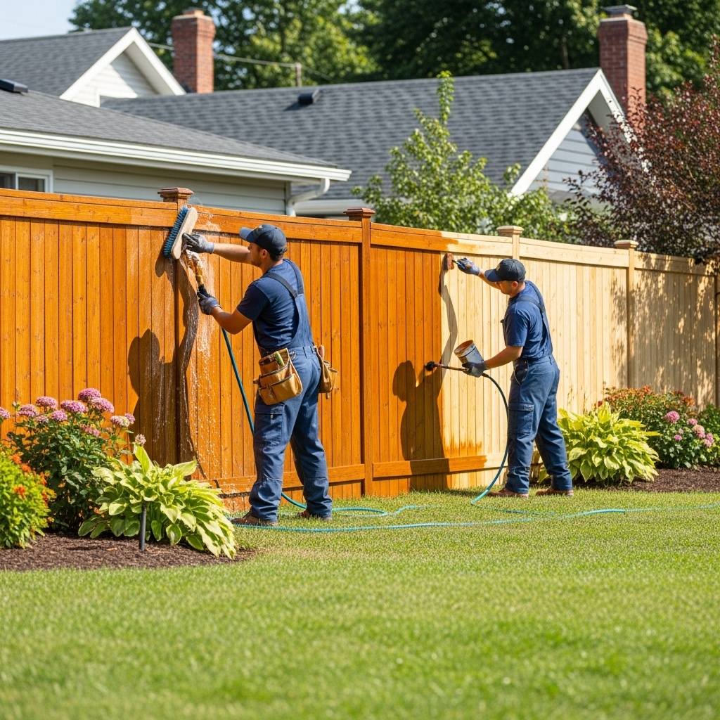 “Two crew members performing seasonal fence upkeep in a suburban backyard, cleaning and applying protective stain to a wooden fence, showing professional and realistic maintenance.”