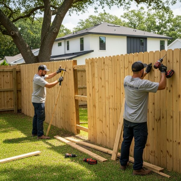 “Two Jax Fenceflow crew members performing emergency fence repair on a damaged wooden fence in a sunny Jacksonville backyard, showing professional tools and a repair in progress.”