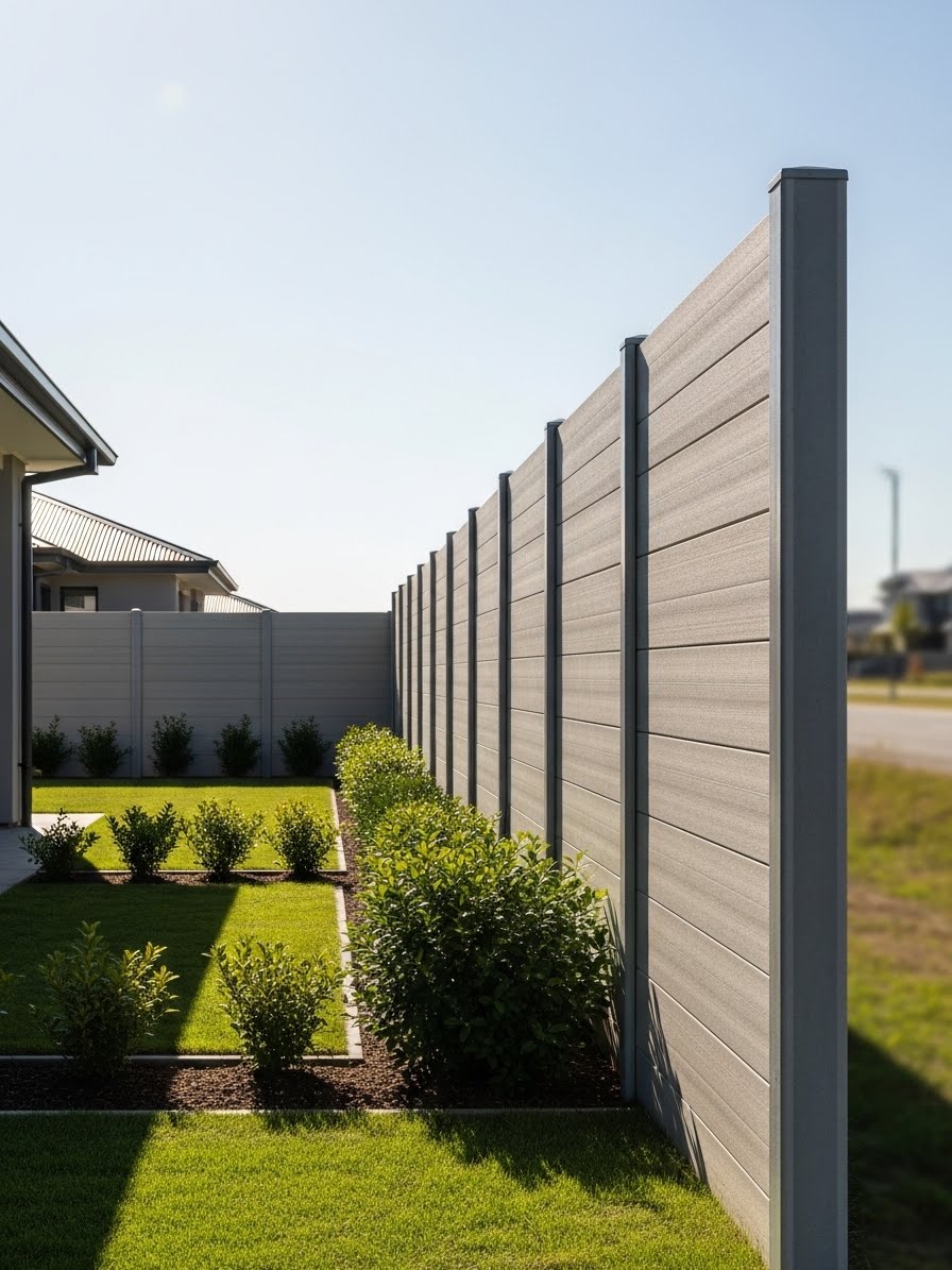 “Residential sound barrier fence installed in a suburban backyard, featuring tall solid panels that provide privacy and noise reduction with a modern home and landscaped yard in the background.”