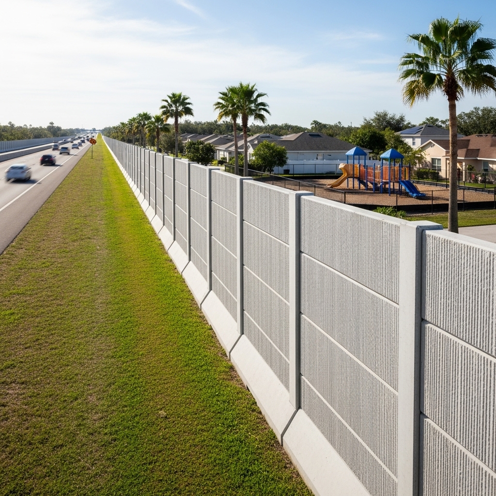 “Modern concrete sound barrier installed beside a highway, blocking noise for nearby homes and a school playground under bright Florida sunlight.”