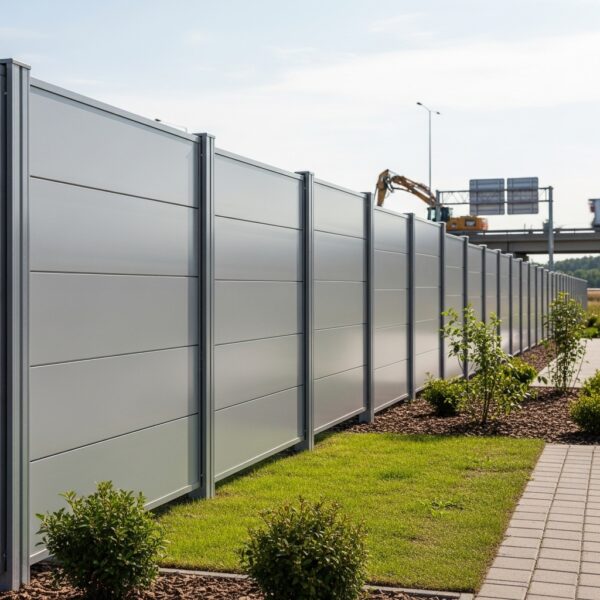 “Modern metal acoustic fence installed along a property bordering a busy road, showing tall solid panels designed to block noise with a clean, durable, and contemporary appearance in a landscaped setting.”