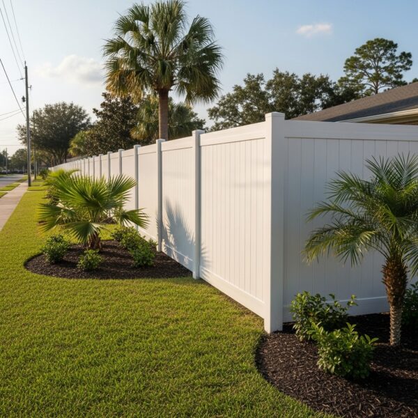 “PVC acoustic fence installed along a Jacksonville property, showing tall, clean panels designed to reduce street noise with landscaped surroundings and natural sunlight.”