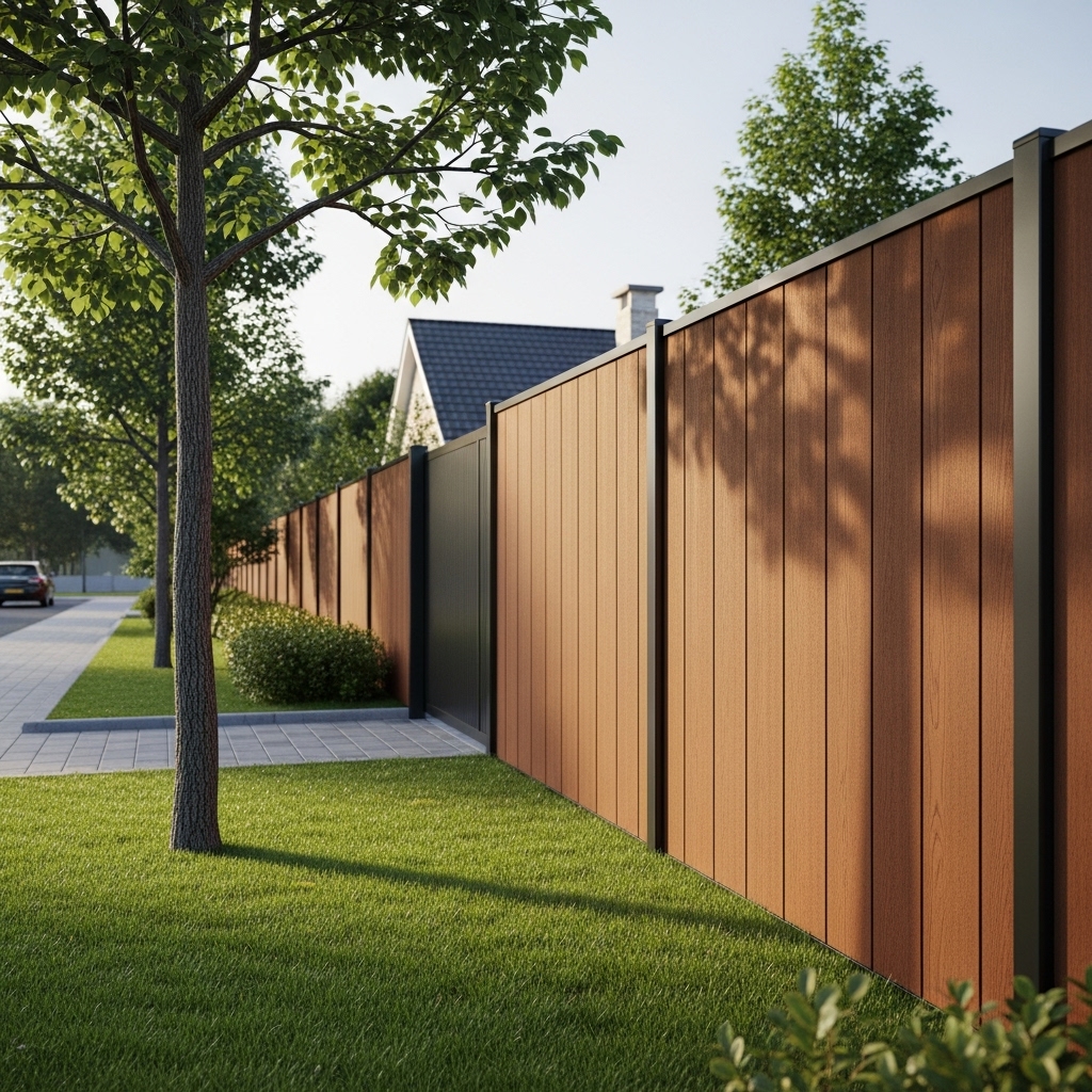 “Composite acoustic fence installed around a home, office, or school, showing durable, moisture-resistant panels that block sound, with a landscaped outdoor setting and natural sunlight.”