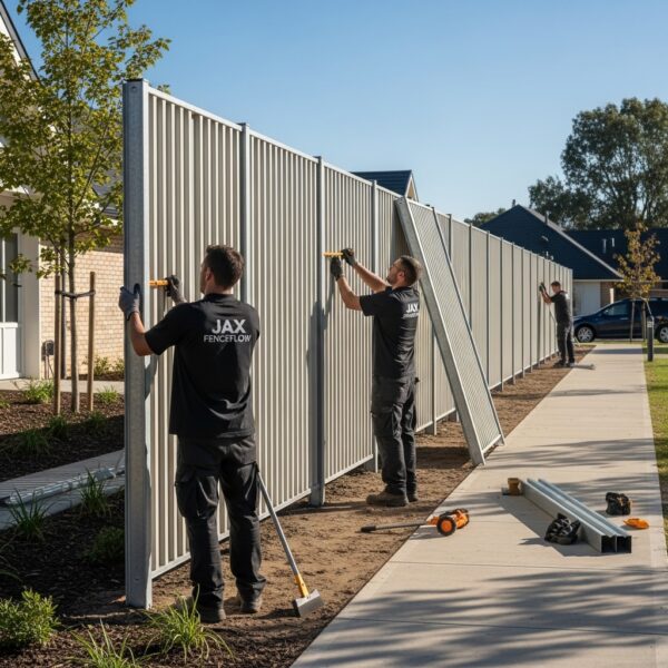 “Two Jax Fenceflow crew members in uniforms installing prefabricated sound fence panels along a residential or commercial property, showing fast, professional installation and effective noise reduction.”