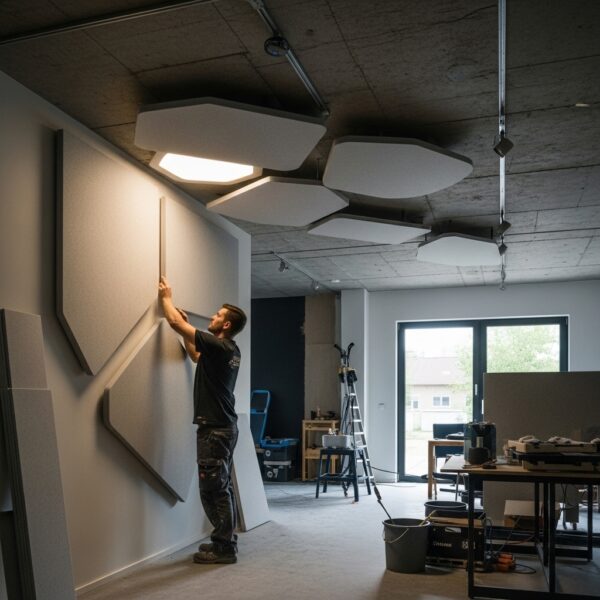 “A professional installing custom acoustic panels in a modern interior, fitting panels into an irregular space to block sound while matching the room’s design, suitable for residential, commercial, or industrial settings.”