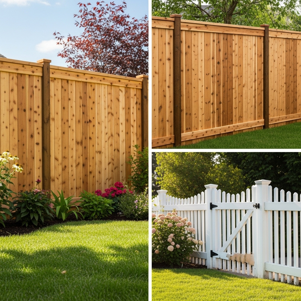 Realistic backyard with wooden fences — tall cedar privacy fence and classic white picket fence, surrounded by green grass and garden plants, showing the warmth and charm of natural wood.