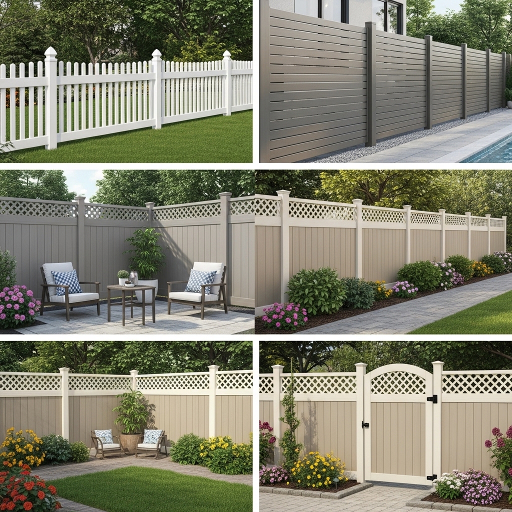 A photorealistic outdoor scene featuring several beautifully designed vinyl fences in a landscaped residential area. Show a mix of fence designs and colors — including a white privacy fence, a gray modern slat design, a tan lattice-top fence, and a wood-grain textured vinyl fence for a natural look. Each section should blend seamlessly into the environment, demonstrating versatility and style. The fences should look sturdy, clean, and new, with sunlight glinting softly on the smooth vinyl surfaces to emphasize their low-maintenance quality. Surround the fences with lush green grass, decorative plants, and a clear blue sky. Include subtle details like a paved walkway, a small patio set, or a flower bed to create a welcoming and realistic atmosphere.