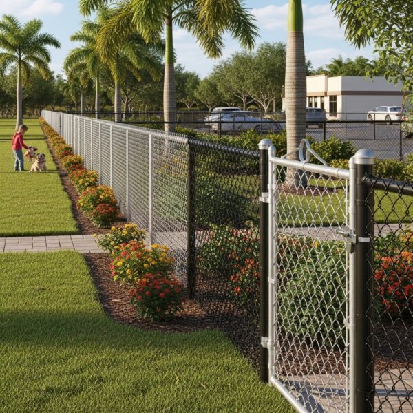 Realistic chain link fence around a Florida home with galvanized and vinyl-coated sections, decorative posts, and a family playing in the yard, showing durable and stylish fencing for residential and commercial use.