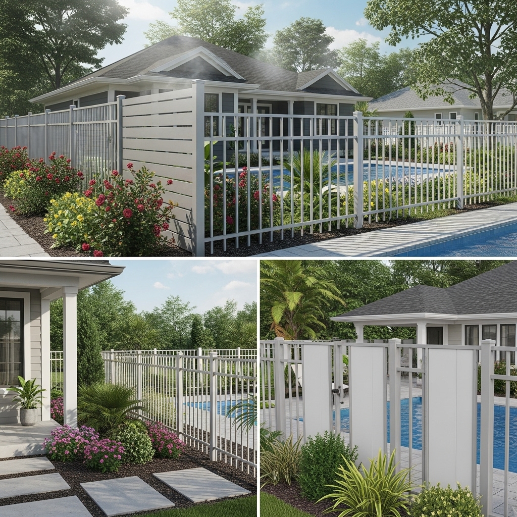 "Realistic view of modern aluminum fences in a Jacksonville home. The fences feature sleek designs with horizontal slats and decorative tops, surrounding a front yard and backyard pool. Lush greenery, tropical plants, and sunlight highlight the rust-resistant, low-maintenance aluminum material, giving a clean, modern, and durable appearance.