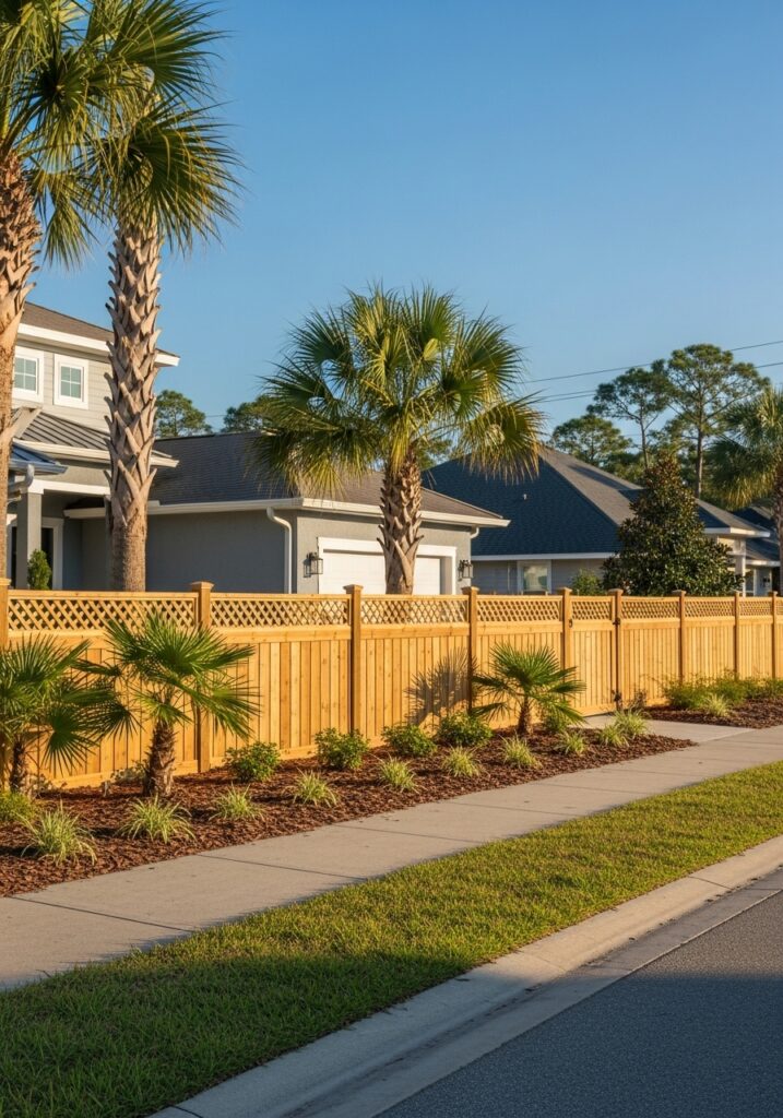 “Decorative fence installed in a Jacksonville, FL yard with detailed craftsmanship, palm trees, and a modern home in the background, shown in a realistic and well-lit setting.”