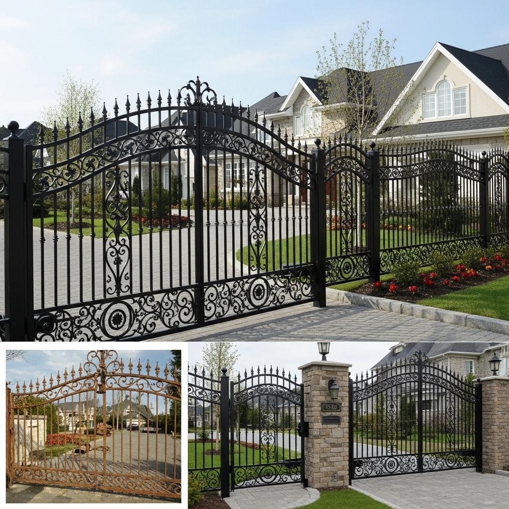 Front view of a newly installed wrought iron fence with intricate scrolls, floral motifs, and spear-shaped finials. Includes matching driveway and front entrance gates, set against a manicured lawn and subtle landscaping. A small inset shows an old, rusted, bent fence being replaced, highlighting durability and stylish transformation.