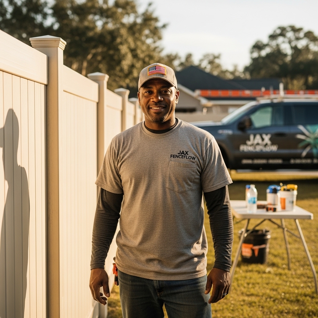 Veteran owner of Jax FenceFlow standing proudly by a new vinyl fence in Jacksonville, FL, wearing a work shirt and cap with an American flag patch, showing over 10 years of experience, discipline, and pride in his craft