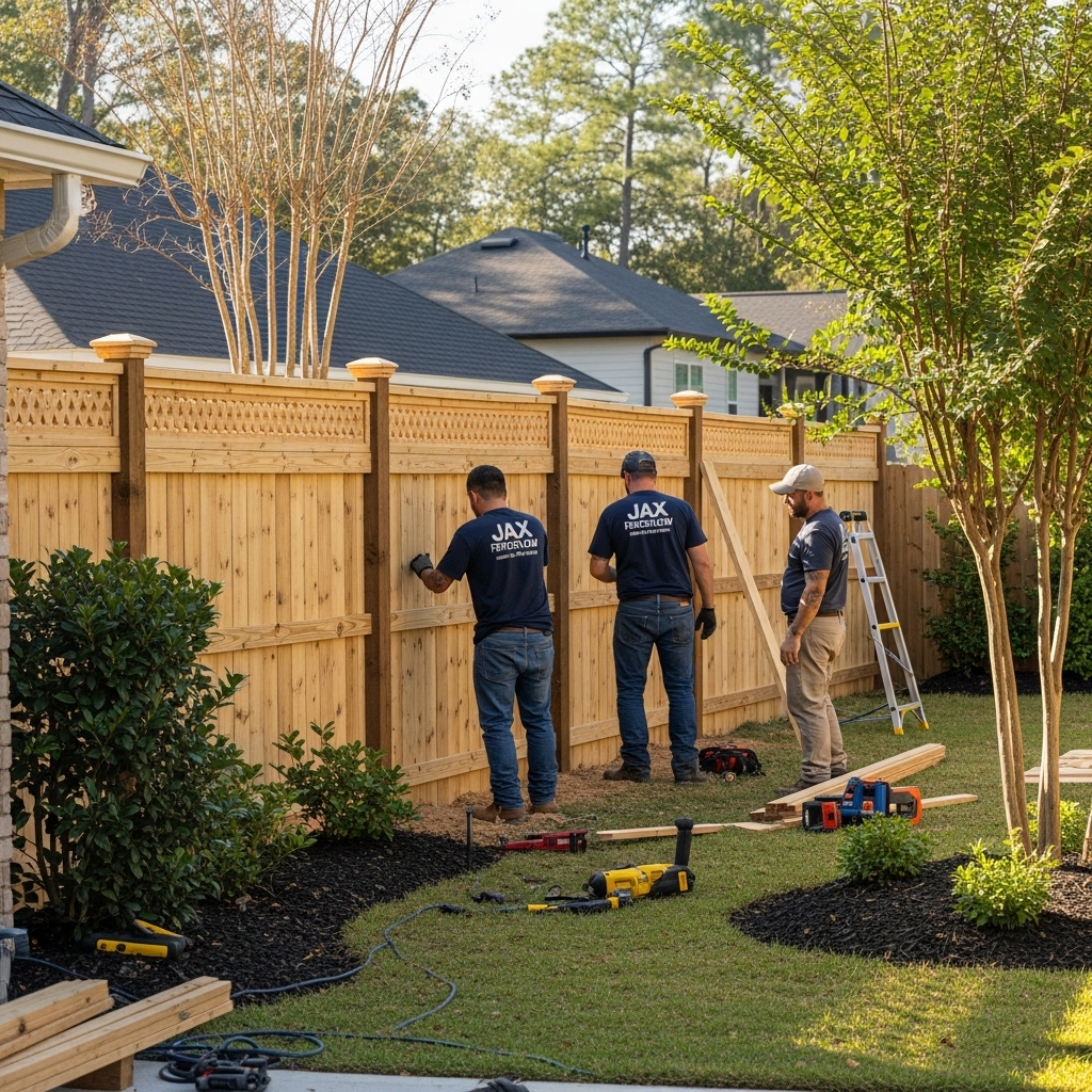 “Two Jax Fenceflow crew members in company uniforms installing a decorative wooden fence in a suburban backyard, with a homeowner observing and natural landscaping in the background.”