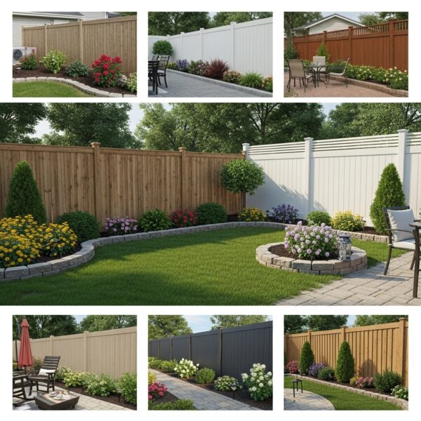 A photorealistic backyard with a newly installed privacy fence, replacing an old, worn one. Showcase solid and elegant designs in wood, vinyl, or composite materials with attention to texture and detail. The fence integrates with beautifully landscaped surroundings, including shrubs, flower beds, and a tidy lawn. Add subtle outdoor elements like a small patio, garden chairs, or decorative lighting to enhance comfort and serenity. Highlight privacy, quiet, and security, with natural sunlight creating soft shadows and a warm, inviting atmosphere. Lifelike proportions, realistic textures, and original composition.