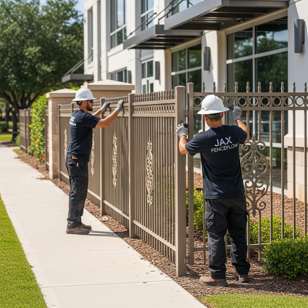 “Two Jax Fenceflow crew members in company uniforms installing a decorative metal fence at a modern commercial property, showing precise, professional workmanship in a sunny, landscaped setting.”