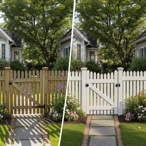 Before-and-after view of a front yard with a picket fence. On the left, the fence is chipped, leaning, and worn. On the right, the fence is straight, freshly painted, and made of wood, vinyl, or composite. The yard features green grass, colorful flowers, and a garden walkway, creating a charming, welcoming atmosphere in natural sunlight.