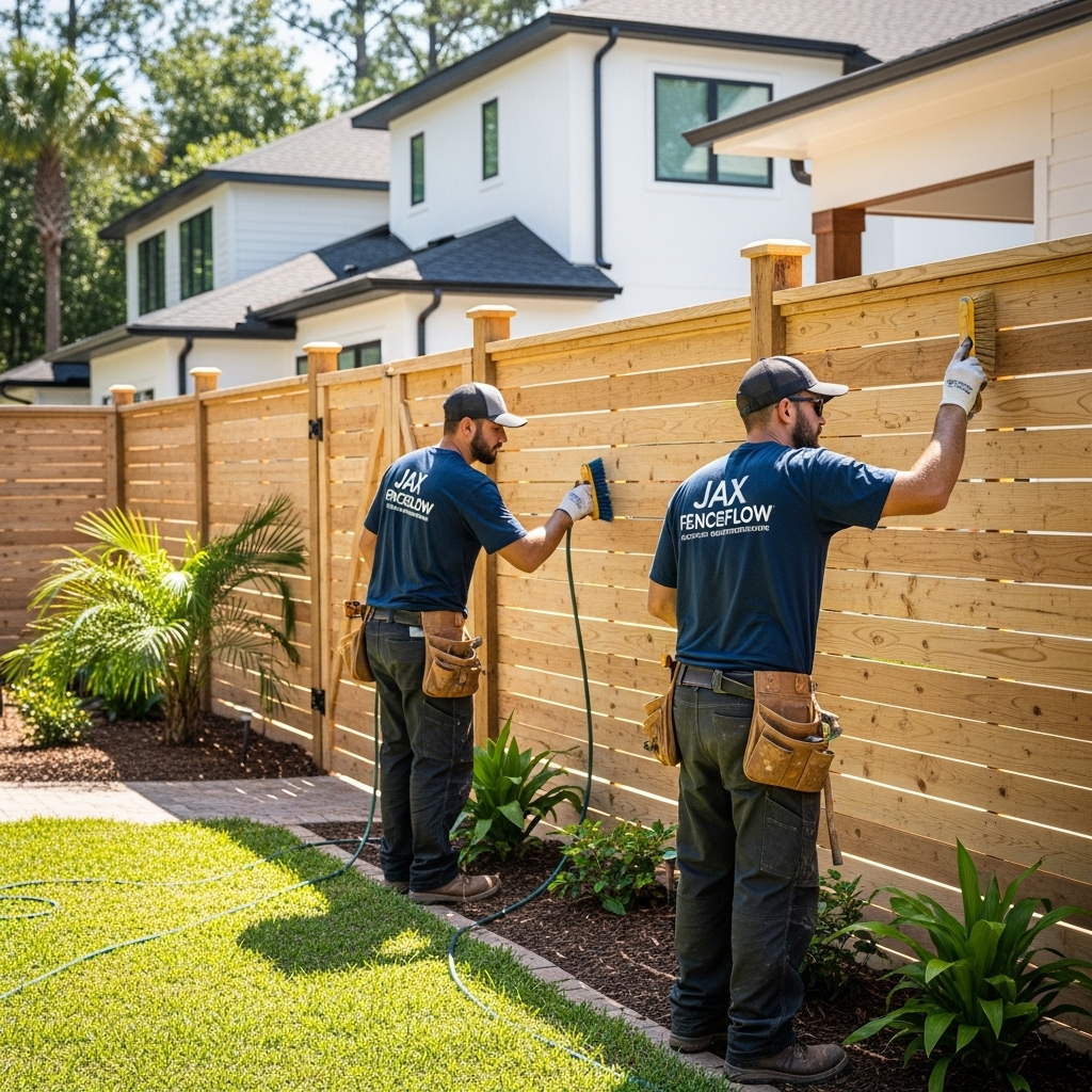 “Two Jax Fenceflow crew members in uniforms installing a custom-designed wooden fence in a residential backyard, showing precise craftsmanship and high-quality workmanship.”