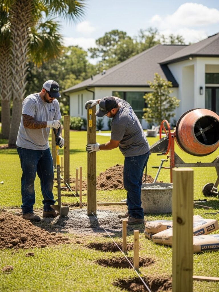 “Two professional installers setting fence posts in fresh concrete at a Jacksonville home, using leveling tools and equipment with a partially completed fence line in a sunny, landscaped setting.”