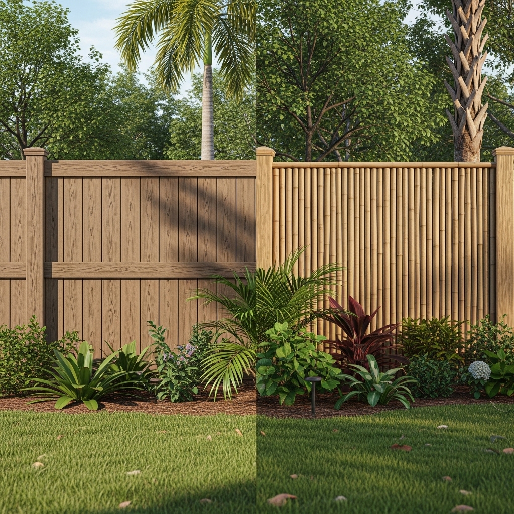 Backyard in Jacksonville, Florida, showing two eco-friendly fences side by side: a wood-like composite fence on the left and a tropical bamboo fence on the right. The yard features lush greenery, palm trees, and sunlight casting natural shadows, highlighting the realistic textures and weather-resistant materials of both fences.