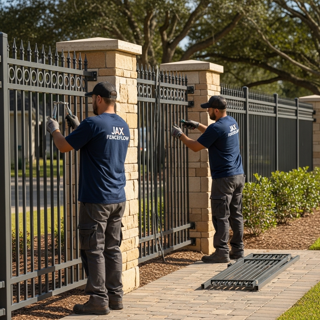 “Two Jax Fenceflow crew members in uniforms repairing and replacing sections of a decorative metal fence at a property, showing a clear before-and-after effect with professional tools and detailed craftsmanship in a landscaped, sunlit setting.”