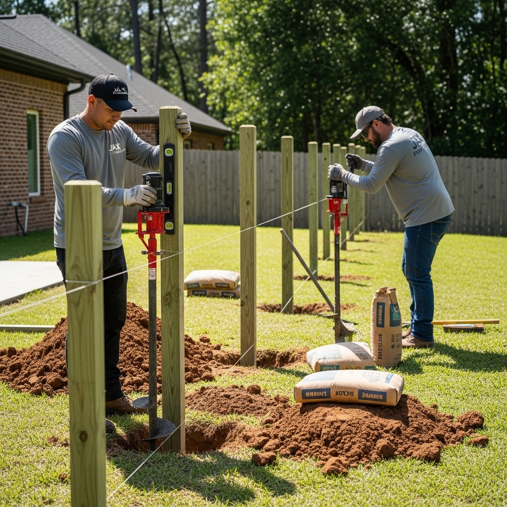 “Two Jax Fenceflow crew members in uniform installing and setting new fence posts in a residential backyard, using professional tools and showing precise alignment and craftsmanship.”