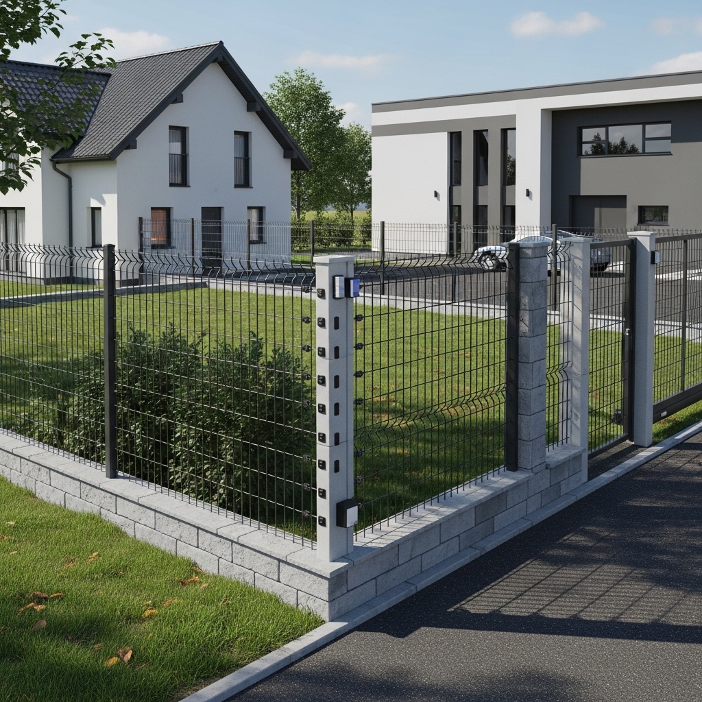 Realistic view of a modern electric and security fence surrounding a home and a business property, showcasing safety, protection, and reliable security features