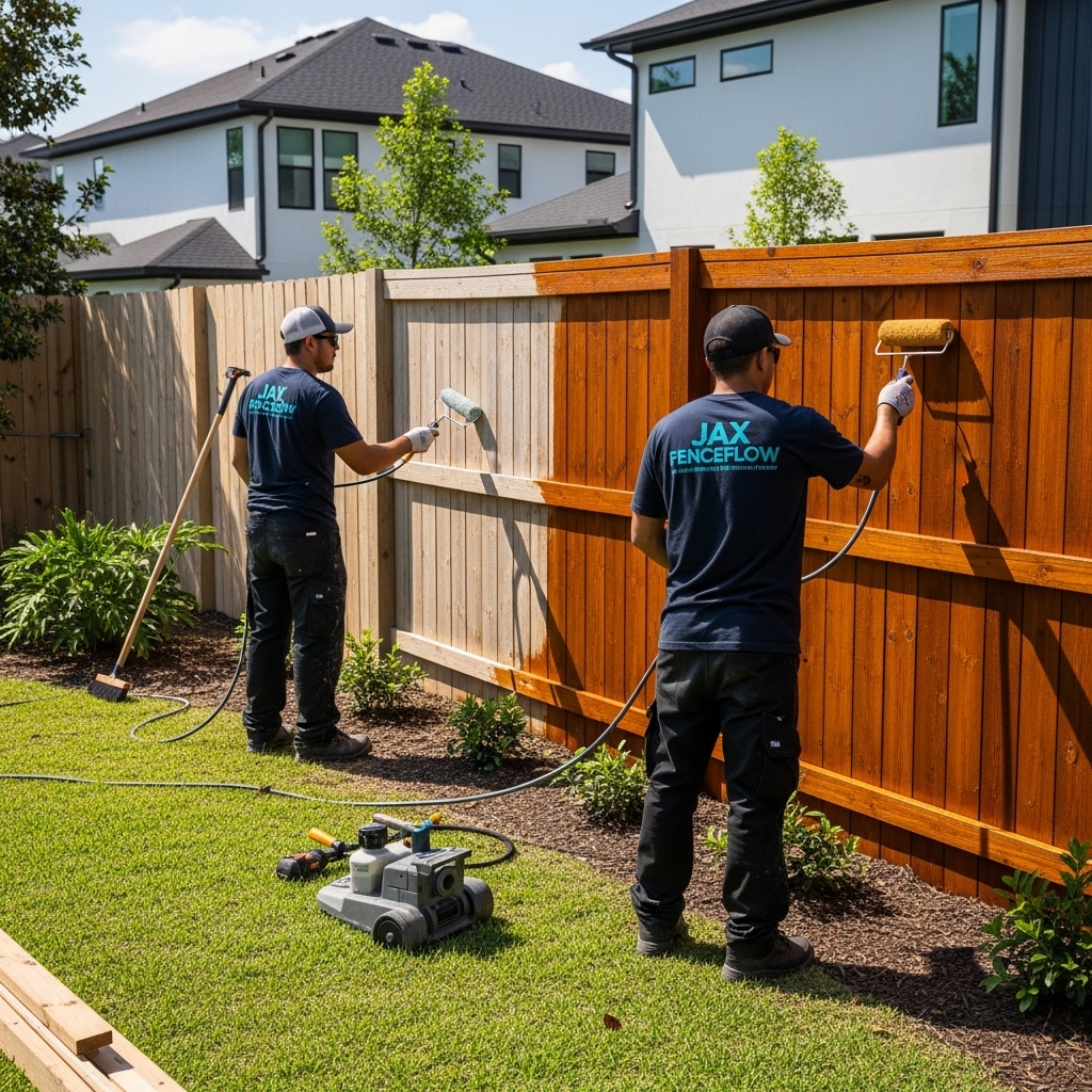 “Two Jax Fenceflow crew members in uniforms painting, staining, and upgrading a wooden fence in a residential backyard, showing a clear before-and-after transformation with professional tools and meticulous craftsmanship.”