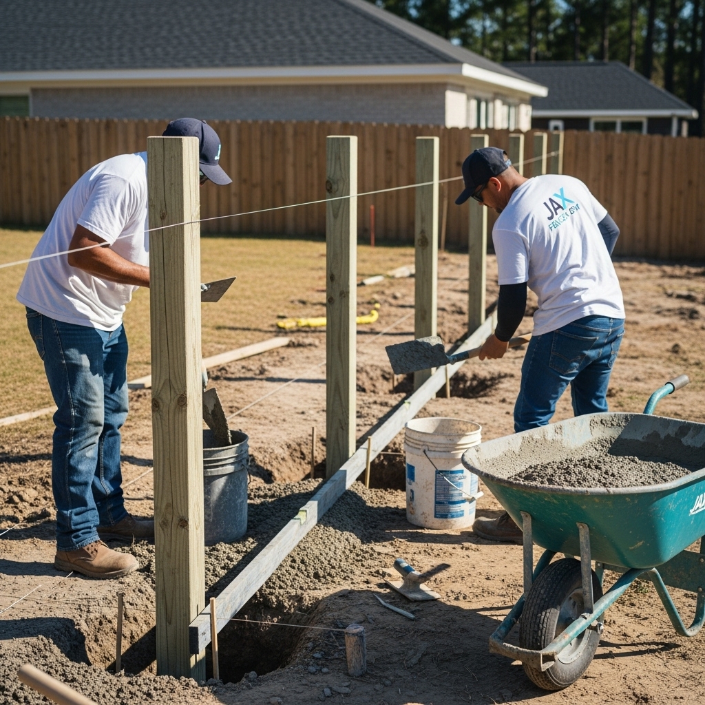 “Two Jax Fenceflow crew members in uniform pouring and leveling concrete around fence posts in a residential backyard, showing precise alignment, professional tools, and skilled craftsmanship.”