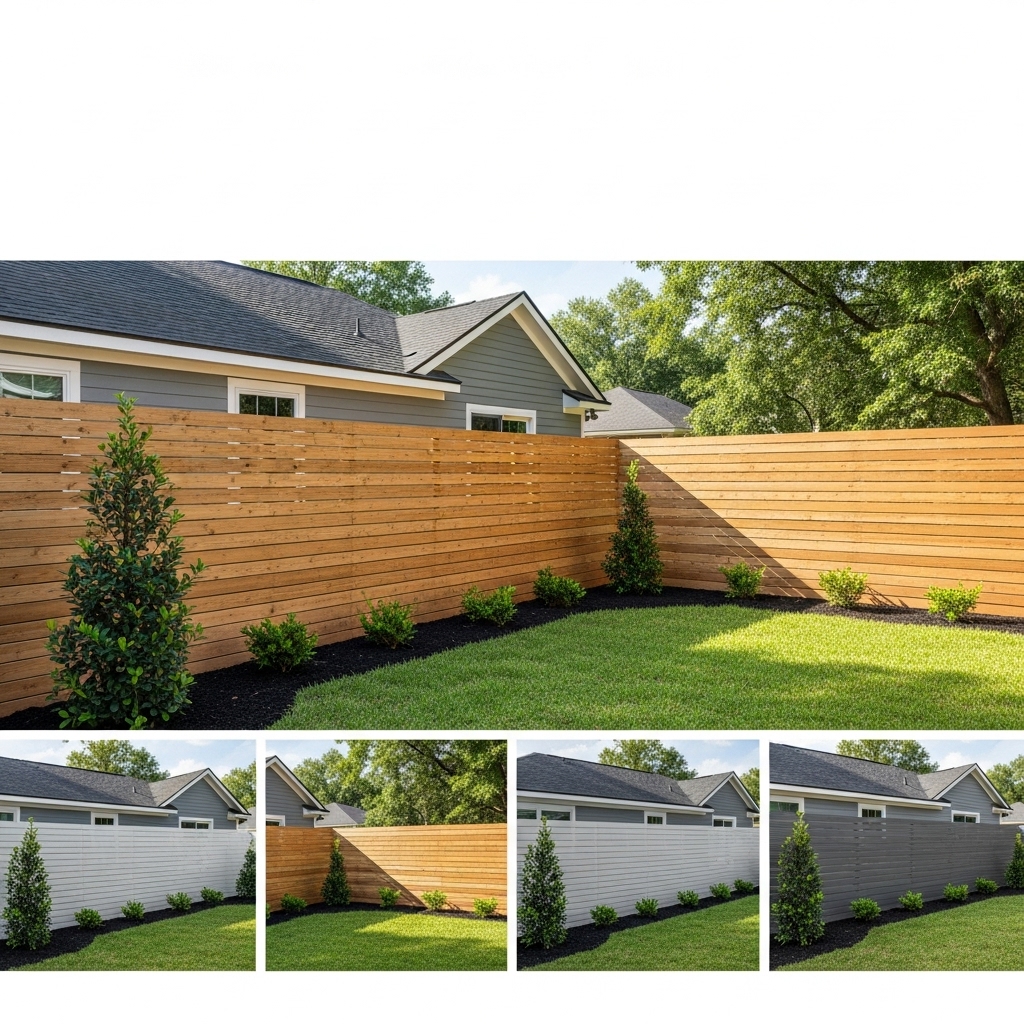 Modern backyard in Jacksonville with a sleek horizontal slatted fence made of wood, providing privacy while giving the home a contemporary, updated look. The yard features green grass, small shrubs, and natural sunlight highlighting the fence’s clean lines. Vinyl and aluminum fence options also available