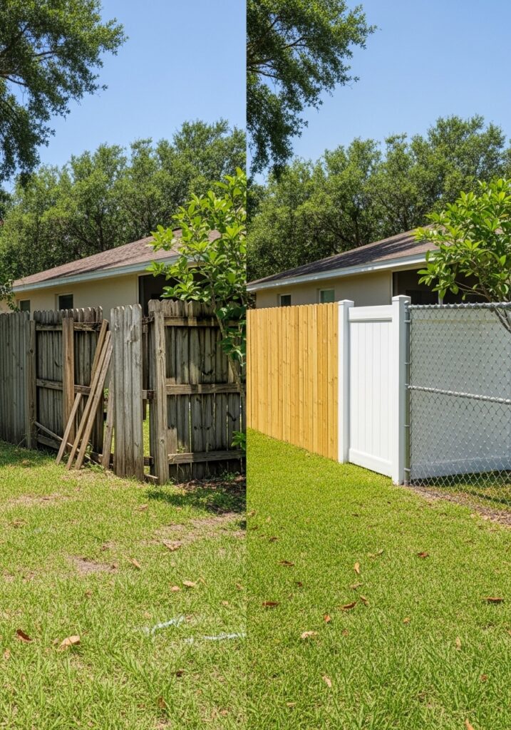 Before and after residential fence replacement in Jacksonville, FL — old, worn wooden fence replaced with a new, durable and attractive fence made of wood, vinyl, and chain link, surrounding a sunny Florida backyard