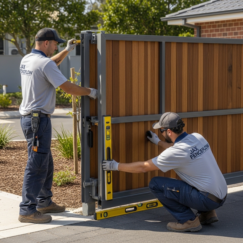 “Two Jax Fenceflow crew members in uniforms installing a matching gate and fence at a property, ensuring proper alignment and secure installation, with landscaped surroundings and sunlight highlighting the quality craftsmanship.”