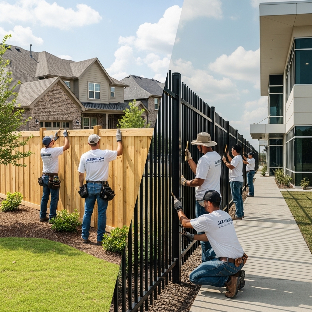 “Jax Fenceflow crews installing a wooden residential fence and a decorative commercial fence in a split-scene image, showing professional workmanship for both home and business properties.”