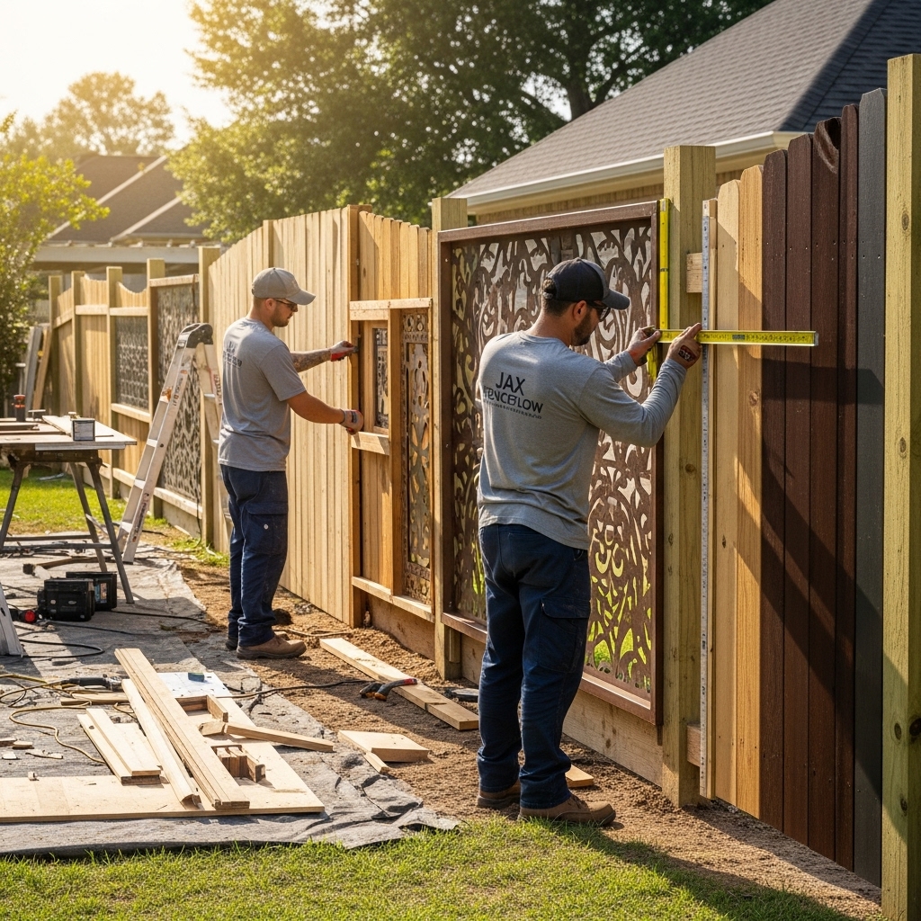 “Two Jax Fenceflow crew members creating and installing a custom-designed fence with detailed materials and craftsmanship in a well-kept residential yard.”