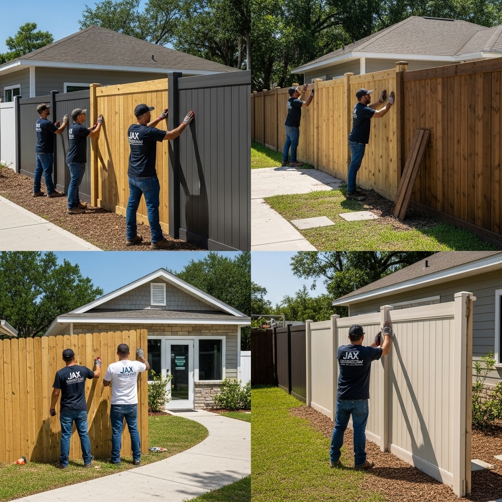 “Jax Fenceflow crew members in uniforms installing a variety of fences—wood, vinyl, aluminum, and composite—at a residential and commercial property, showing strong, stylish, and durable designs with professional craftsmanship in a sunlit, landscaped setting.”