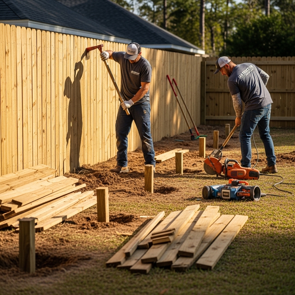 “Two Jax Fenceflow crew members removing an old wooden fence and preparing the site for new installation, with tools, cleared soil, and organized debris visible in a residential backyard.”