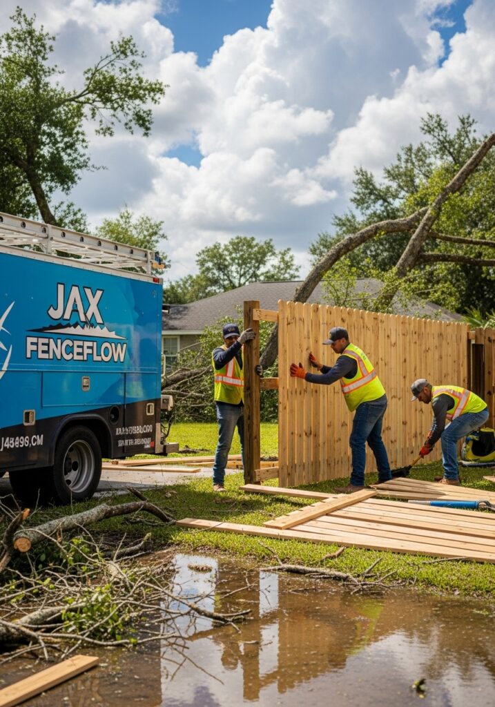 Jax FenceFlow team performing emergency fence replacement in Jacksonville after a storm, replacing damaged wooden panels, cleaning up debris, with branded work truck nearby. Fast, professional, and same-day service.