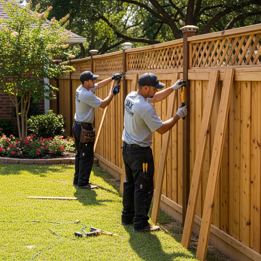 “Two Jax Fenceflow crew members in uniforms installing a decorative wooden fence in a sunny residential backyard, showing detailed craftsmanship, elegant design, and professional workmanship.”